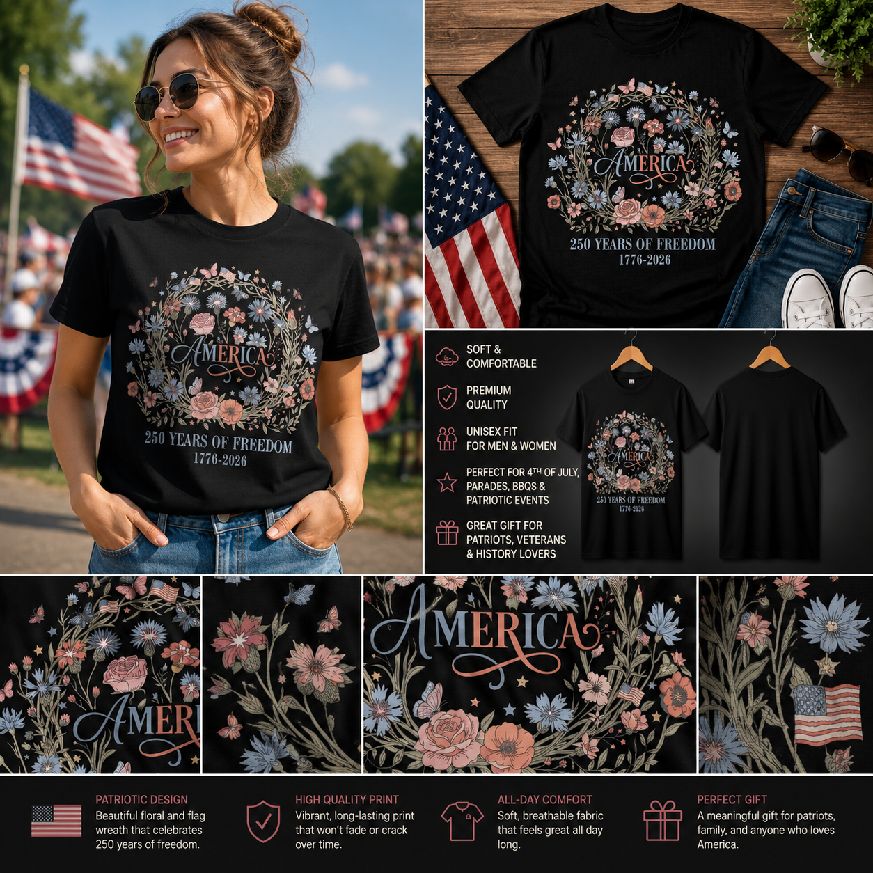 America 250 Years of Freedom Floral Wreath Shirt, USA 1776–2026 Patriotic Wildflower T-Shirt, American Independence Anniversary Tee