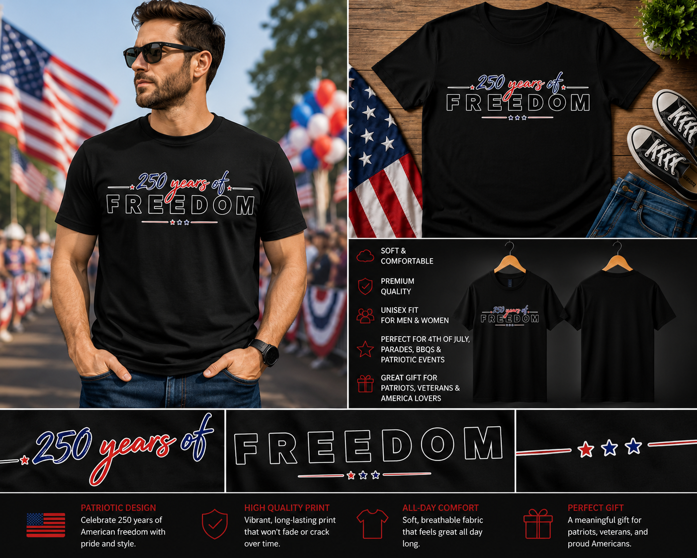 Freedom 250 Patriotic Shirt, America 250th Anniversary T-Shirt, 250 Years of Freedom Tee, USA Semiquincentennial Celebration Shirt