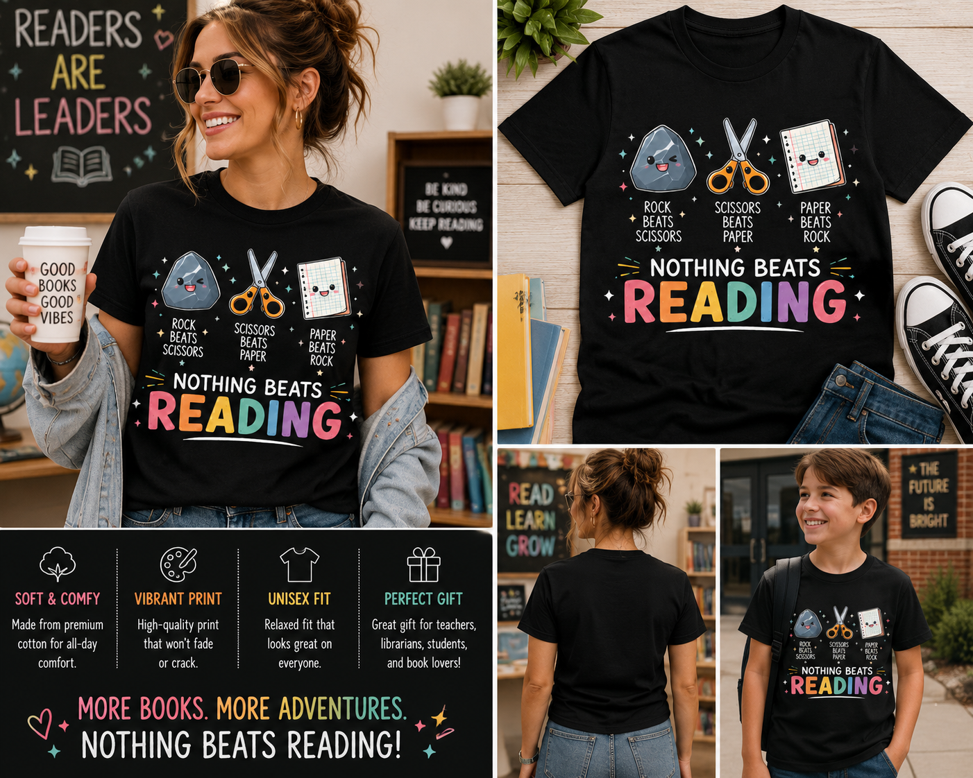 Nothing Beats Reading Shirt – Funny Rock Paper Scissors Teacher & Librarian Tee