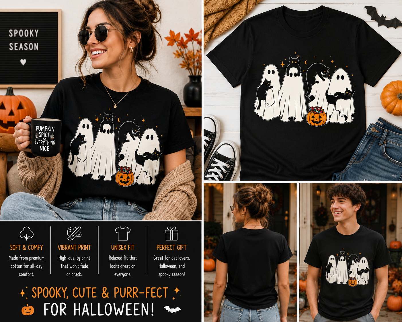 Ghost Cat Halloween Shirt – Cute Spooky Cat & Ghost Graphic Tee for Cat Lovers