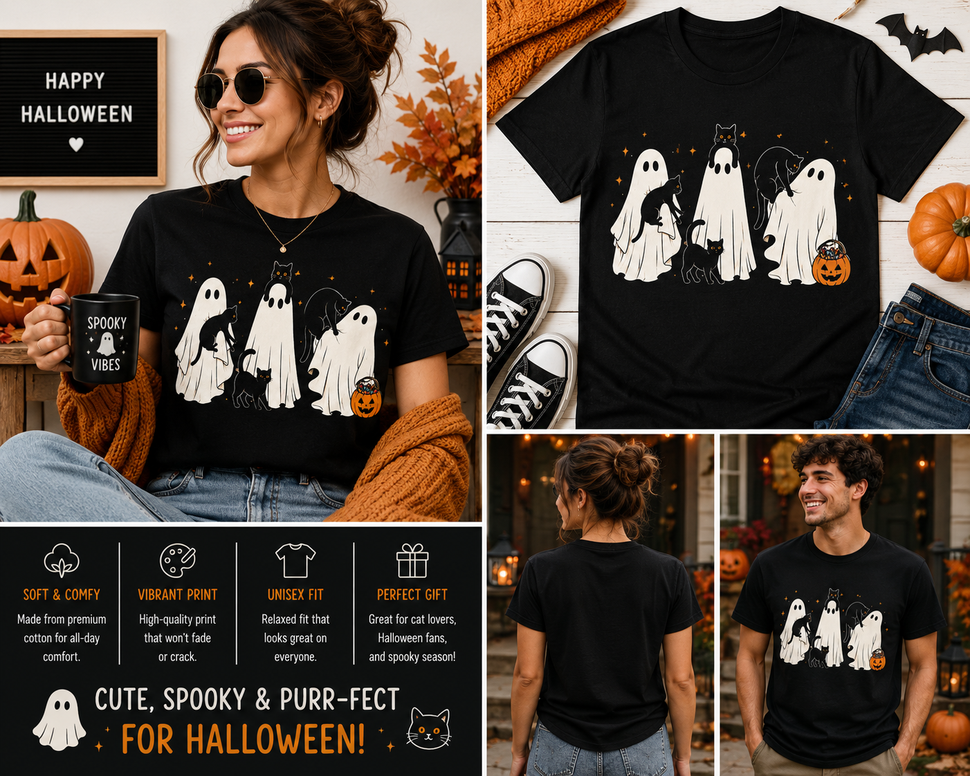 Cute Ghost Cat Halloween Shirt – Spooky Black Cat & Ghost Graphic Tee for Cat Lovers