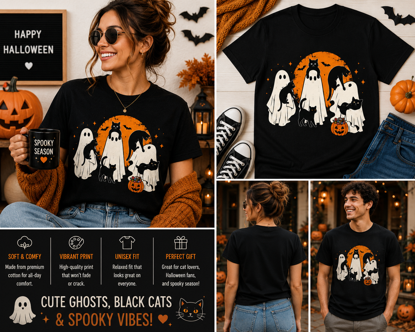 Cute Ghost & Black Cat Halloween T-Shirt – Spooky Cat Lover Tee, Kawaii Halloween Shirt, Pumpkin Trick or Treat Graphic Tee