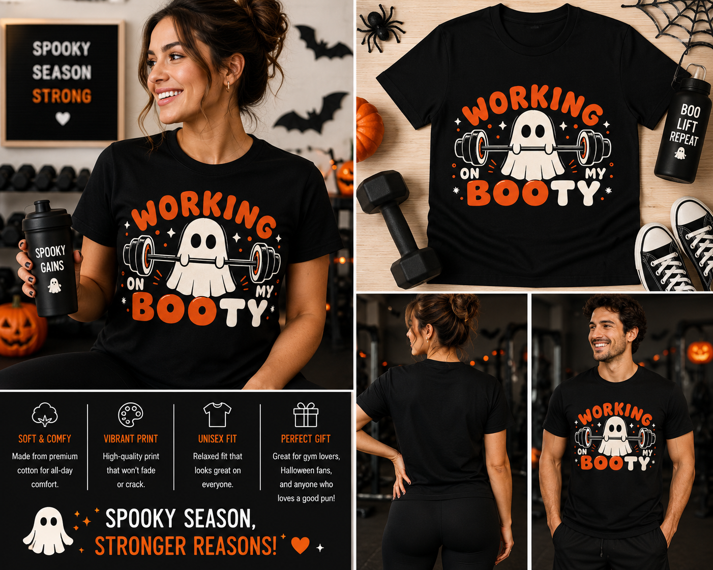 Working On My Booty Halloween Ghost Gym T-Shirt – Funny Fitness Ghost Tee, Spooky Workout Shirt, Cute Halloween Gym Apparel