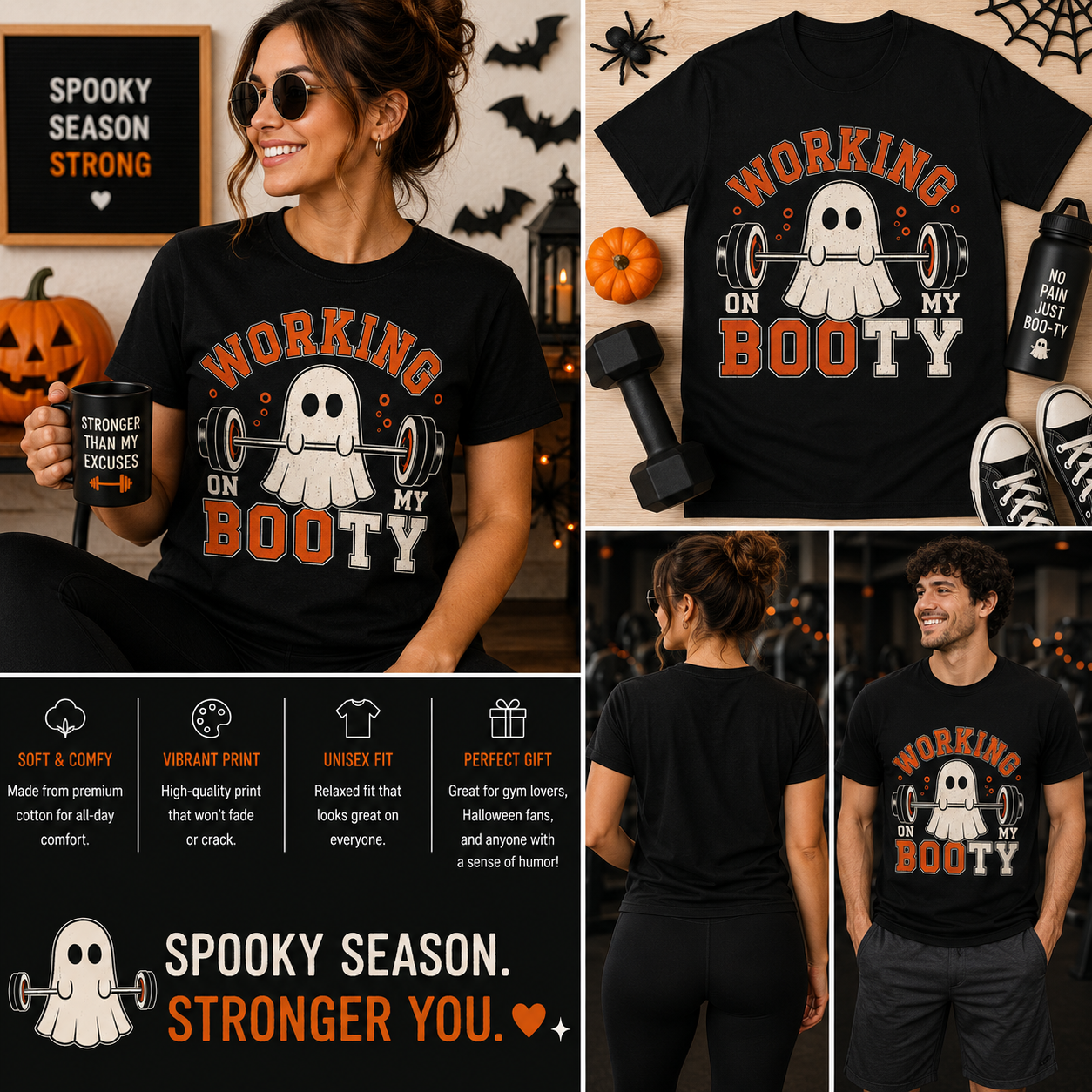 Working On My Booty Ghost Halloween Gym Shirt – Funny Fitness Pumpkin Tee for Women & Men