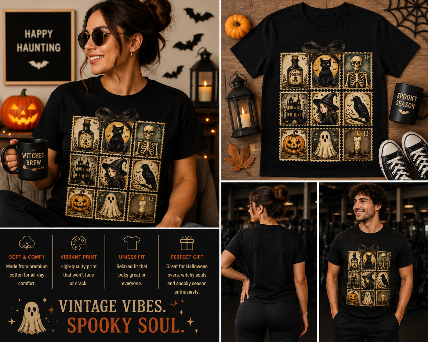Vintage Halloween Postage Stamp Shirt – Spooky Witch Cat Pumpkin Ghost Retro Graphic Tee