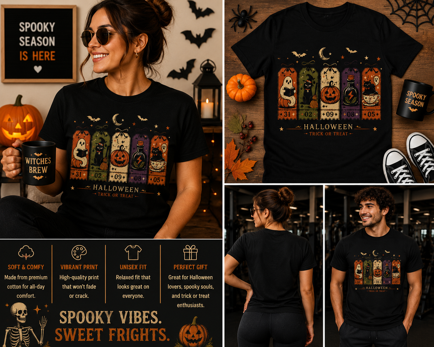 Retro Halloween Tags Shirt – Cute Ghost Pumpkin Black Cat Trick or Treat Tee