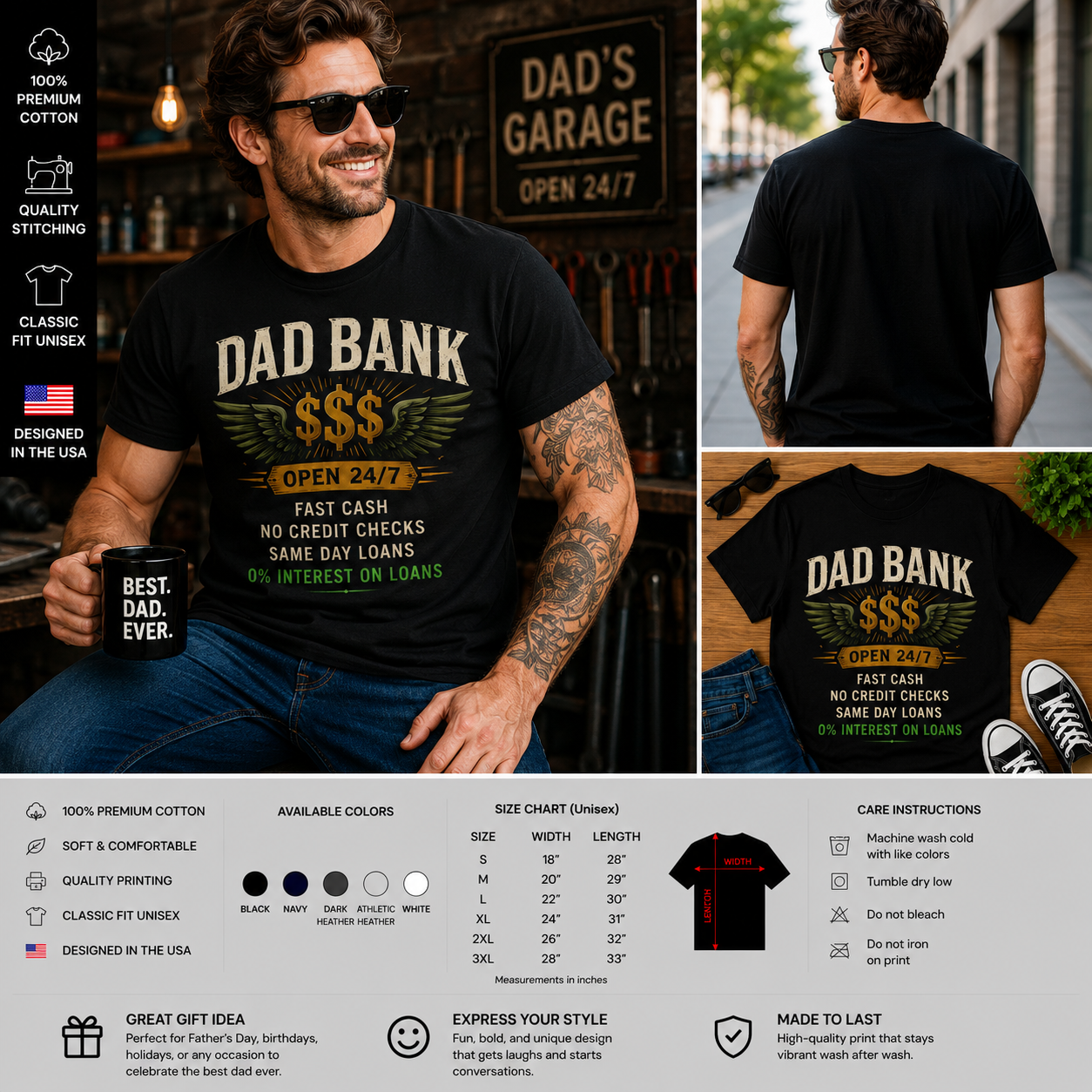 Dad Bank Open 24/7 Funny Dad T-Shirt – Fast Cash No Credit Checks Father’s Day Graphic Tee