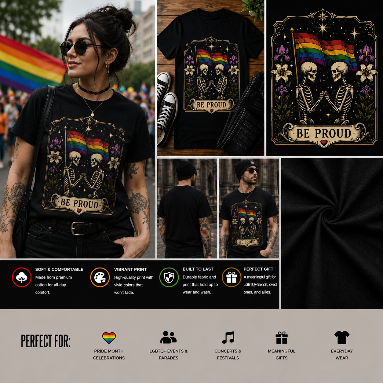 Be Proud LGBTQ Skeleton Pride T-Shirt – Rainbow Flag Gothic Tarot Card Graphic Tee