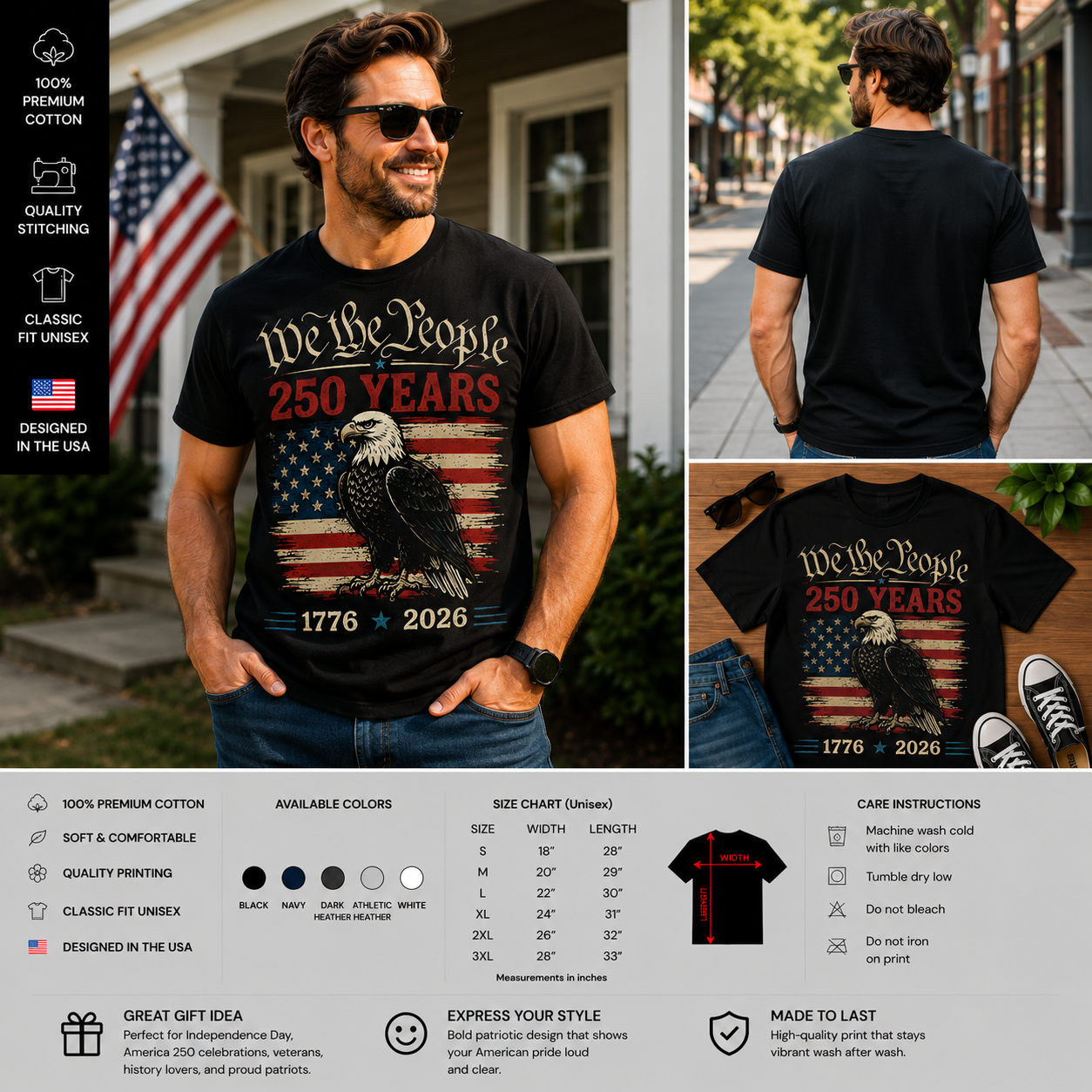 We The People 250 Years Patriotic Eagle Flag T-Shirt – America 250th Anniversary 1776–2026 Independence Day Tee