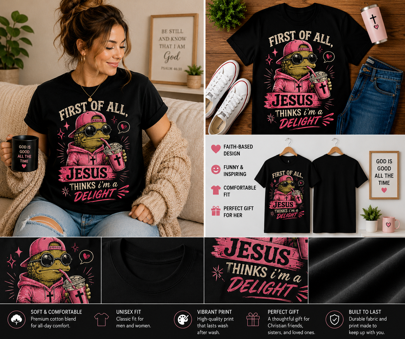 First of All Jesus Thinks I’m a Delight Funny Christian Frog Coffee T-Shirt | Cute Faith-Based Graphic Tee for Women