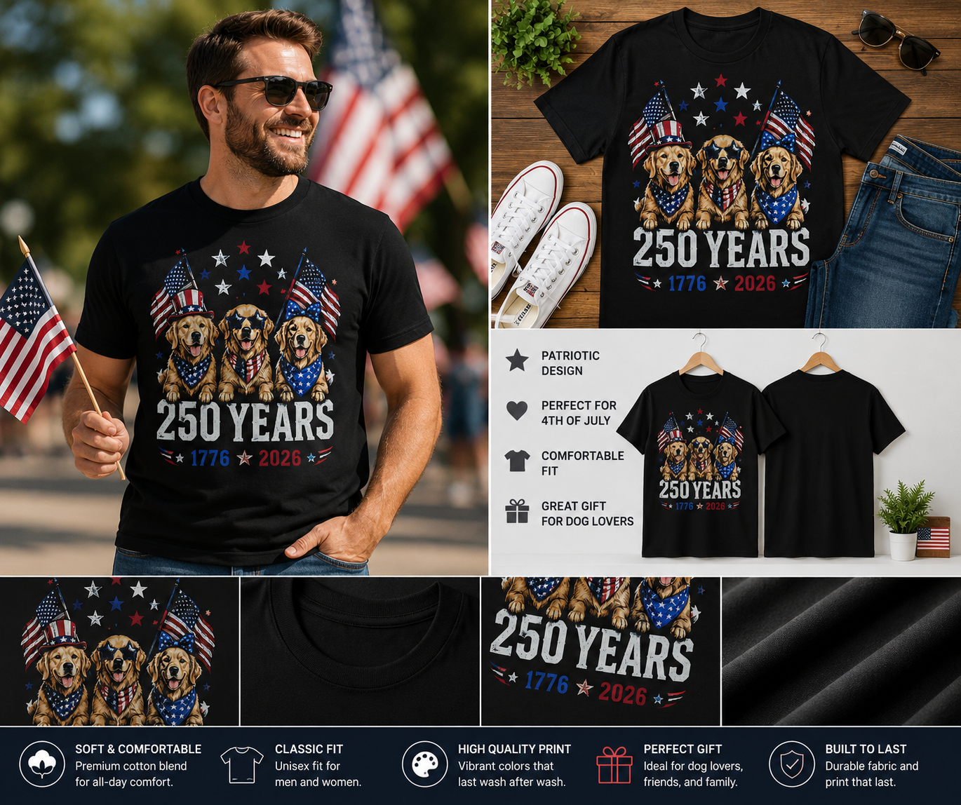 Golden Retriever USA 250 Years Patriotic 4th of July T-Shirt – America 1776–2026 Anniversary Dog Lover Tee