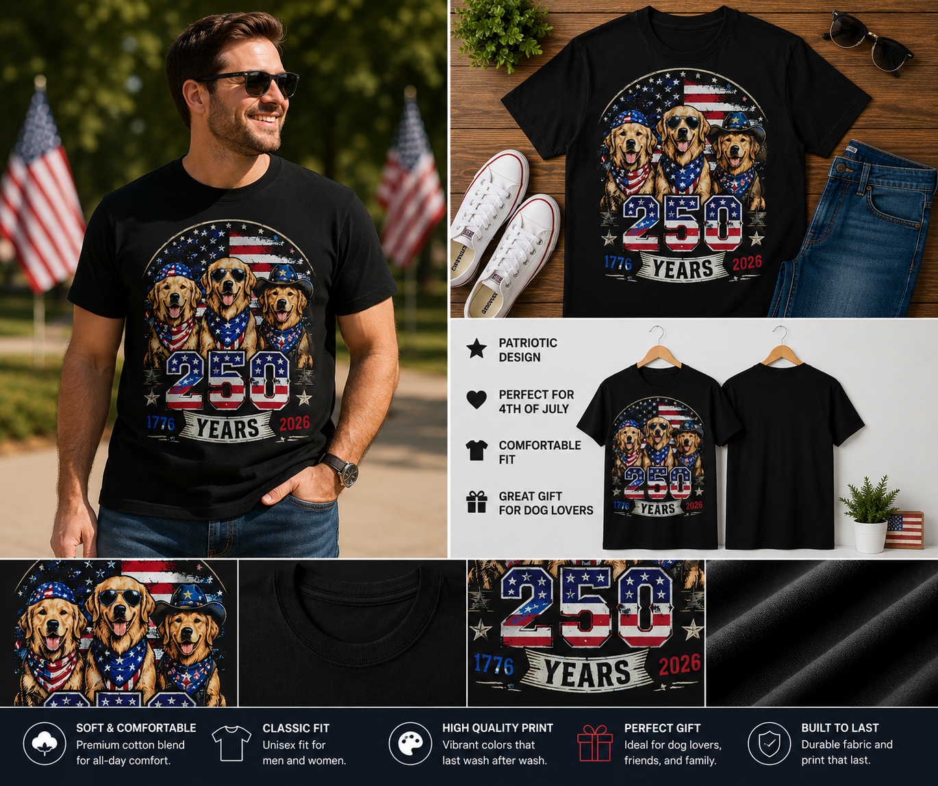 Golden Retriever USA 250th Anniversary Patriotic T-Shirt – 1776–2026 4th of July Dog Lover Tee