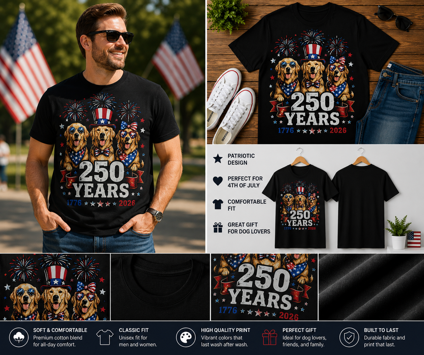 Golden Retriever USA 250 Years Patriotic T-Shirt – 1776–2026 America 250th Anniversary 4th of July Dog Lover Tee