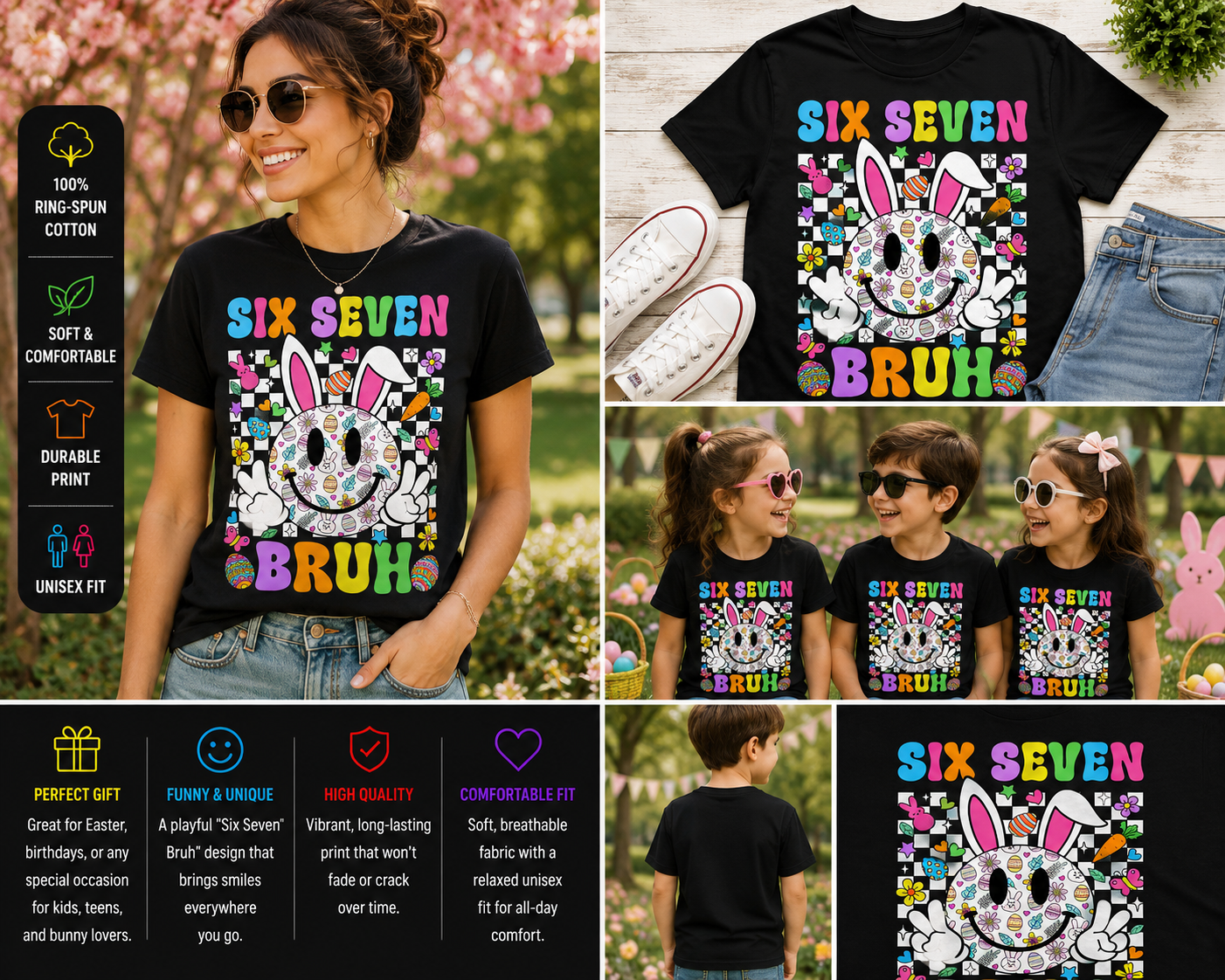 Six Seven Bruh Easter Bunny Shirt Funny Groovy Kids Graphic T-Shirt