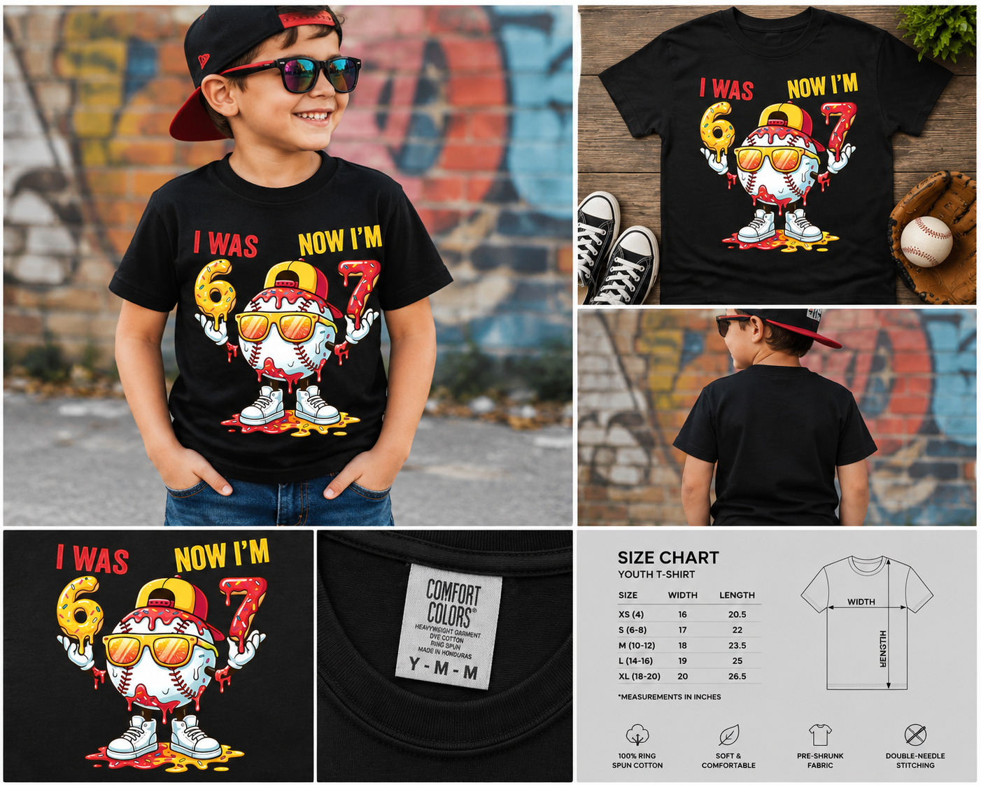 Funny 7th Birthday Baseball T-Shirt – “I Was 6 Now I’m 7” Kids Birthday Graphic Tee
