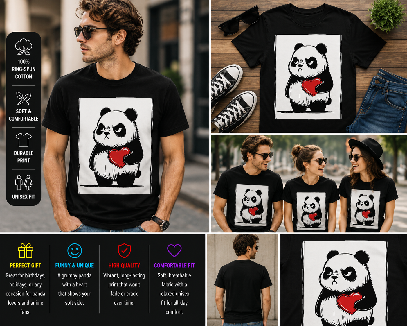 Grumpy Panda Holding Heart Funny Cute Graphic T-Shirt for Men Women Teens