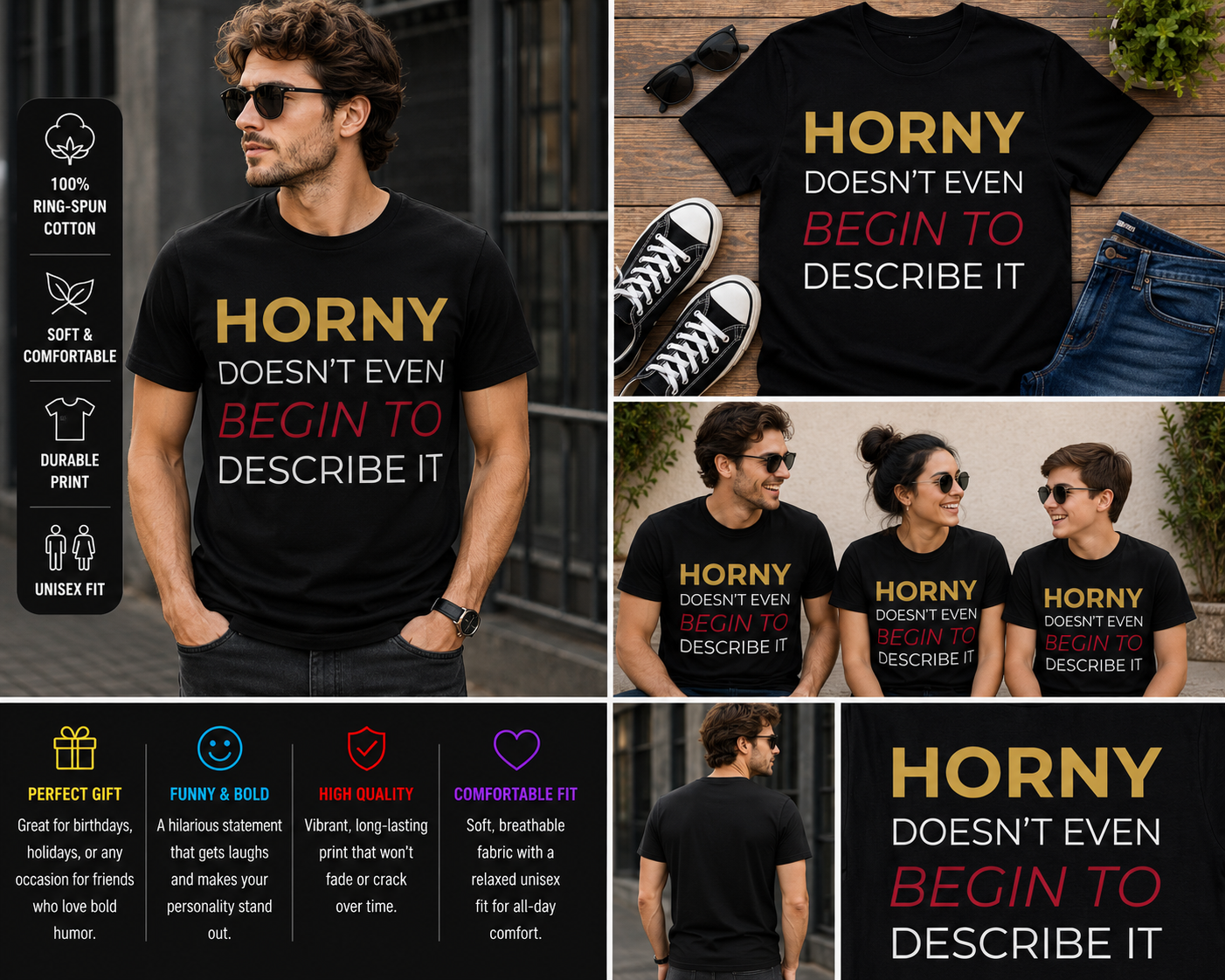 Horny Doesn’t Even Begin To Describe It Funny Adult Humor Graphic T-Shirt