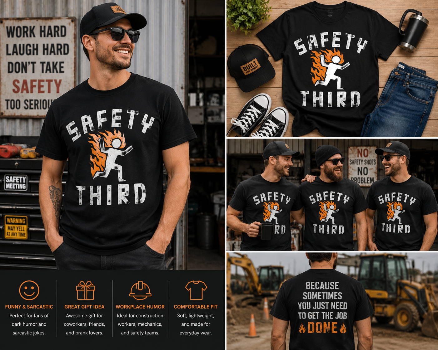 Safety Third Funny Fire Running Stick Figure T-Shirt, Dark Humor Graphic Tee, Sarcastic Safety Joke Shirt, Funny Workplace Humor Gift