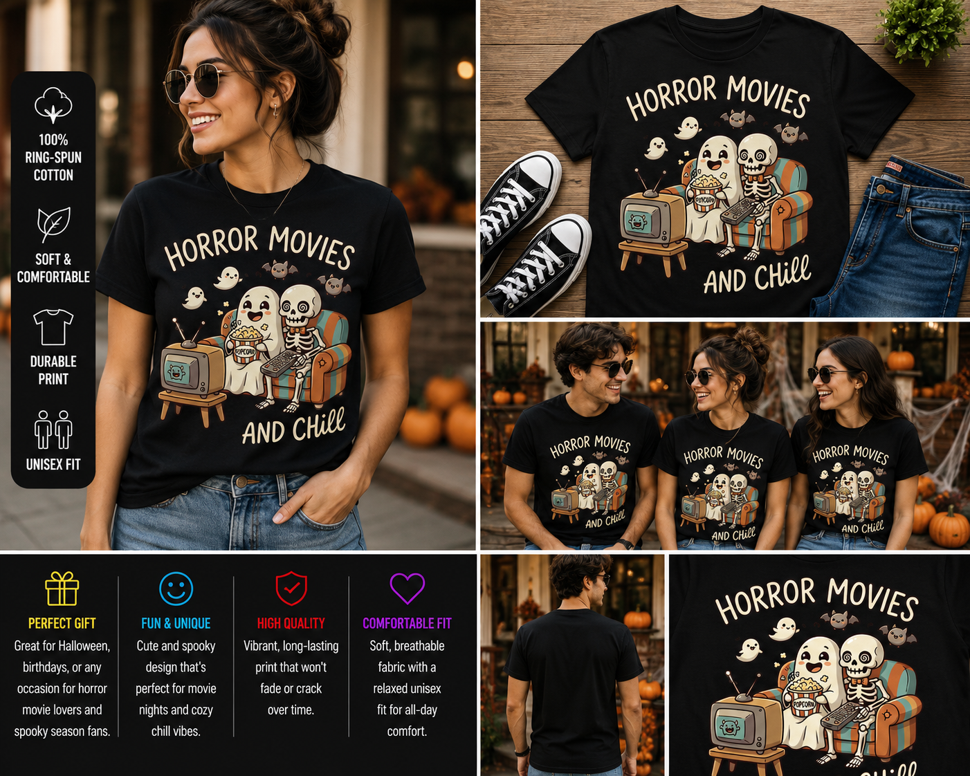 Horror Movies And Chill Cute Ghost Skeleton Halloween Graphic T-Shirt