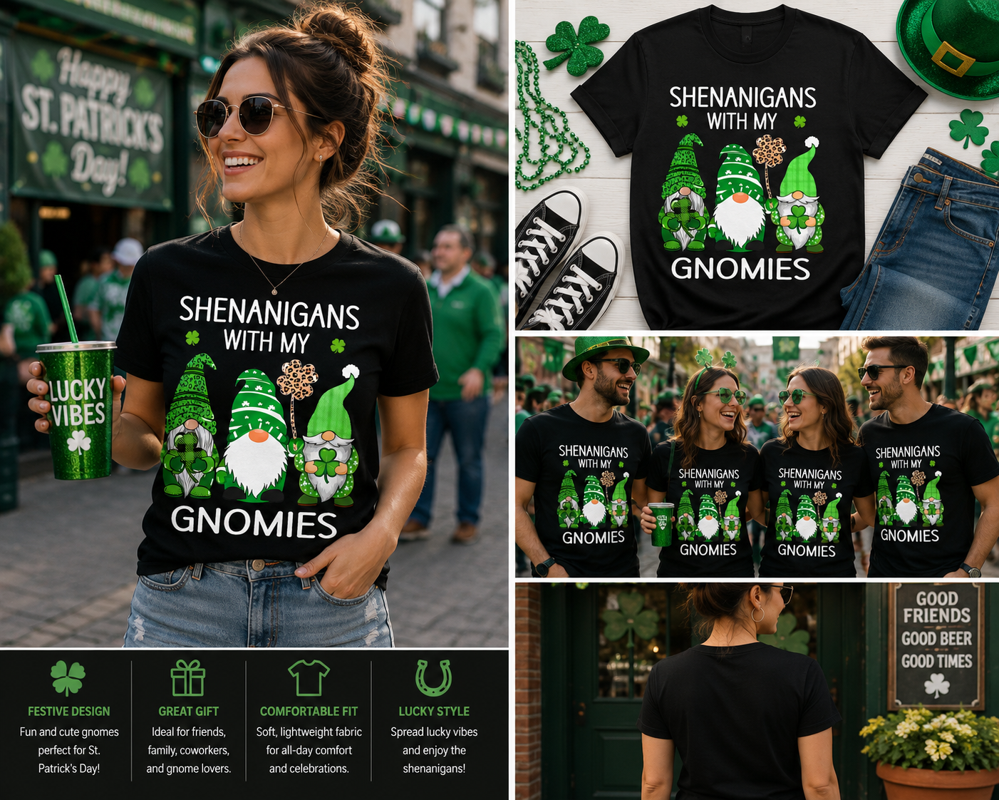 Shenanigans With My Gnomies St. Patrick’s Day Shirt, Funny Irish Gnome Shamrock Tee, Lucky Leprechaun Graphic T-Shirt for Women Men