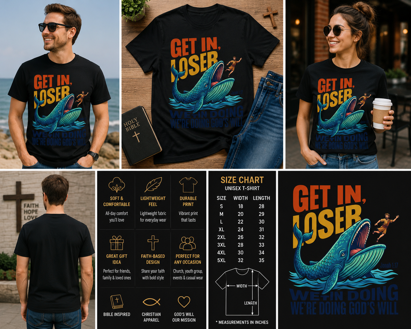 Get In Loser We’re Doing God’s Will Funny Jonah Bible Whale Christian T-Shirt