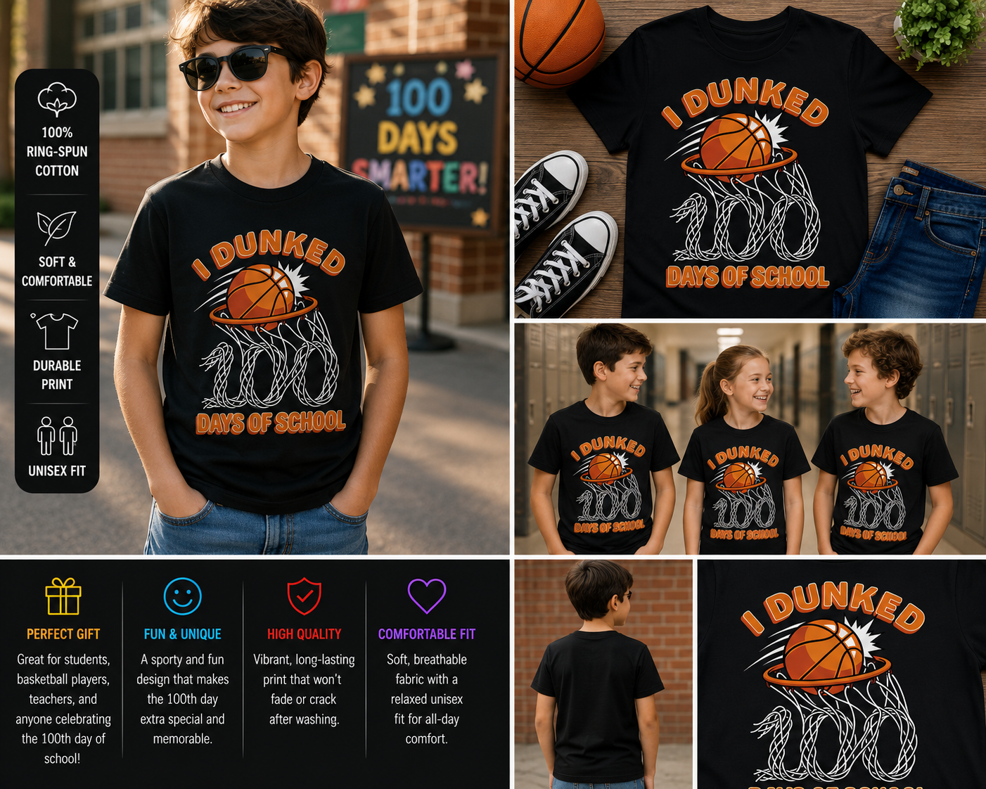 I Dunked 100 Days of School Basketball T-Shirt for Boys Funny 100th Day Tee