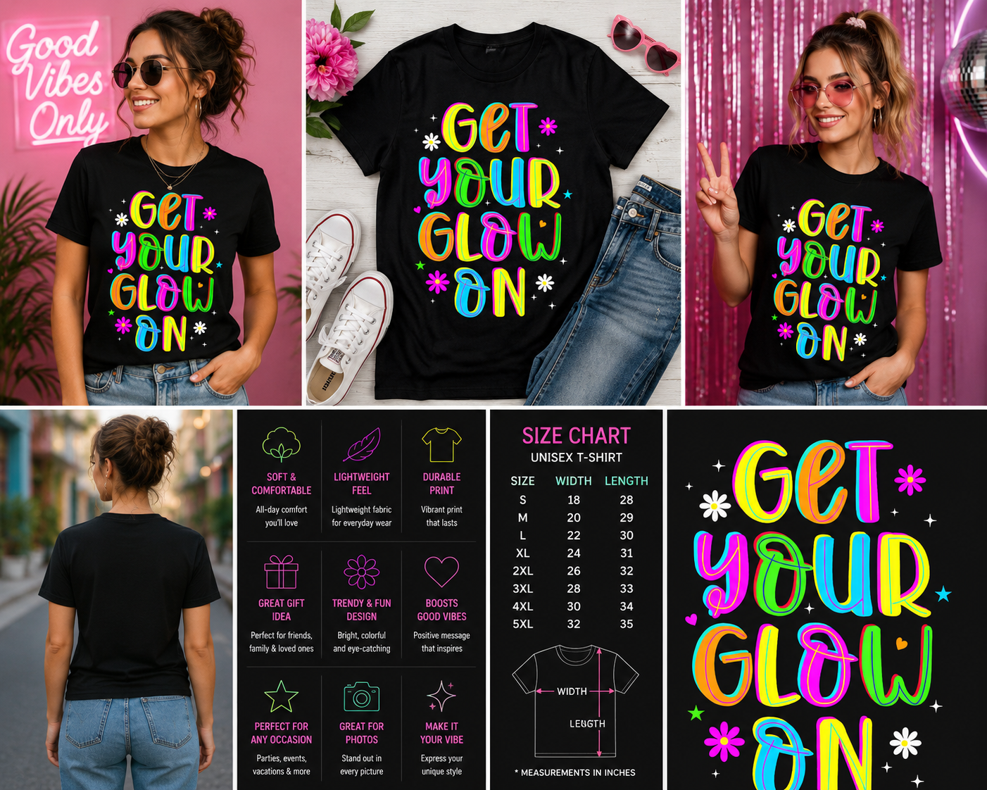 Get Your Glow On Neon Retro T-Shirt – Colorful Motivational Graphic Tee for Women & Teens