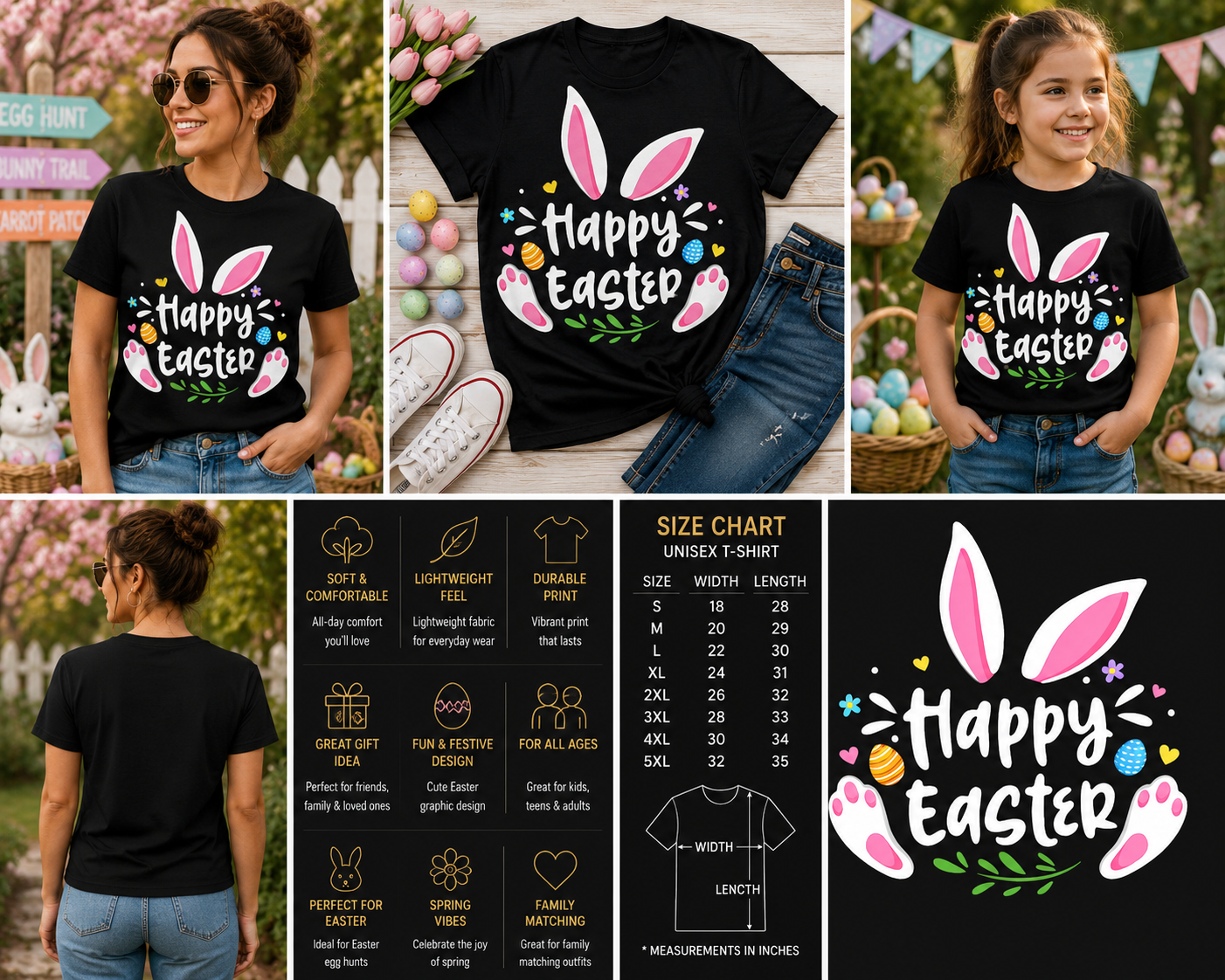 Happy Easter Bunny Ears T-Shirt – Cute Easter Rabbit Graphic Tee for Women, Girls & Kids