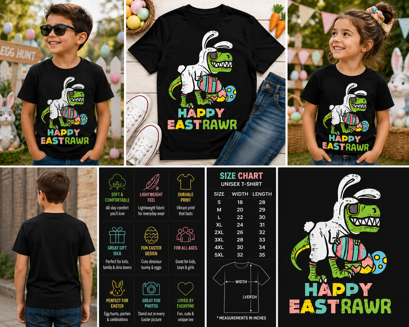 Happy Eastrawr Dinosaur Easter Bunny T-Shirt – Funny T-Rex Easter Graphic Tee for Kids & Dino Lovers