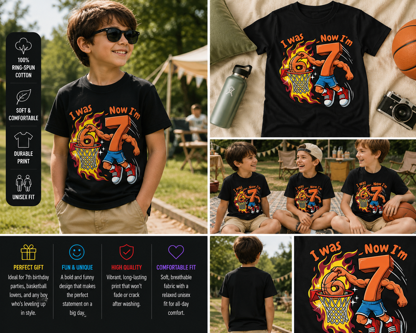 I Was 6 Now I’m 7 Basketball Birthday Shirt for Boys Funny 7th Birthday Tee