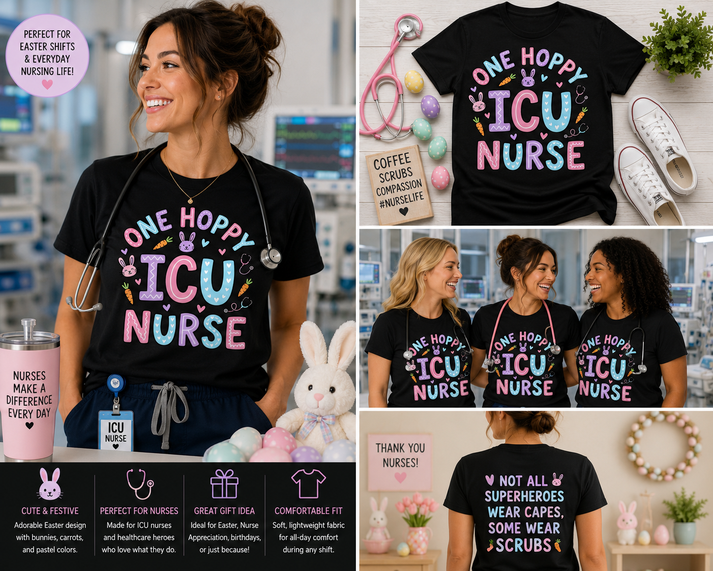 One Hoppy ICU Nurse Easter Shirt, Cute Bunny Nurse Tee, Easter Nurse Gift T-Shirt for Women