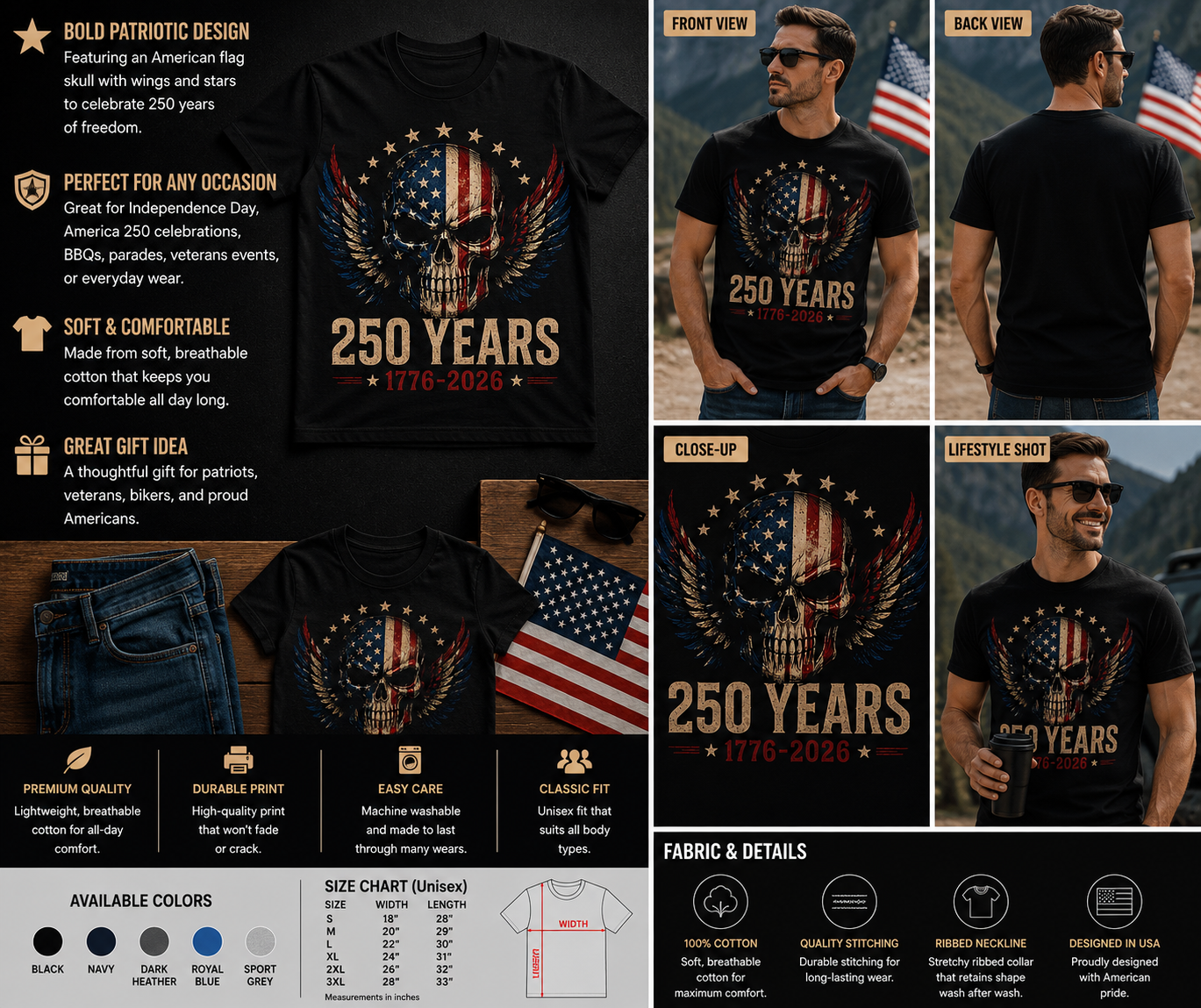250 Years Patriotic Skull USA Flag T-Shirt – 1776-2026 American Anniversary Graphic Tee