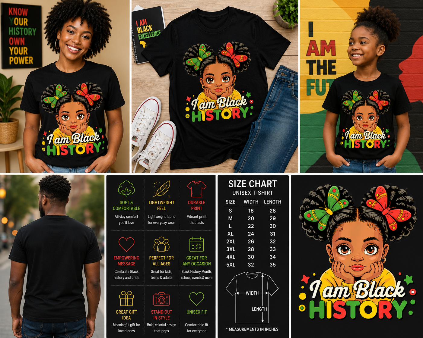 I Am Black History Girl T-Shirt – Black History Month Afro Girl Graphic Tee for Women & Kids