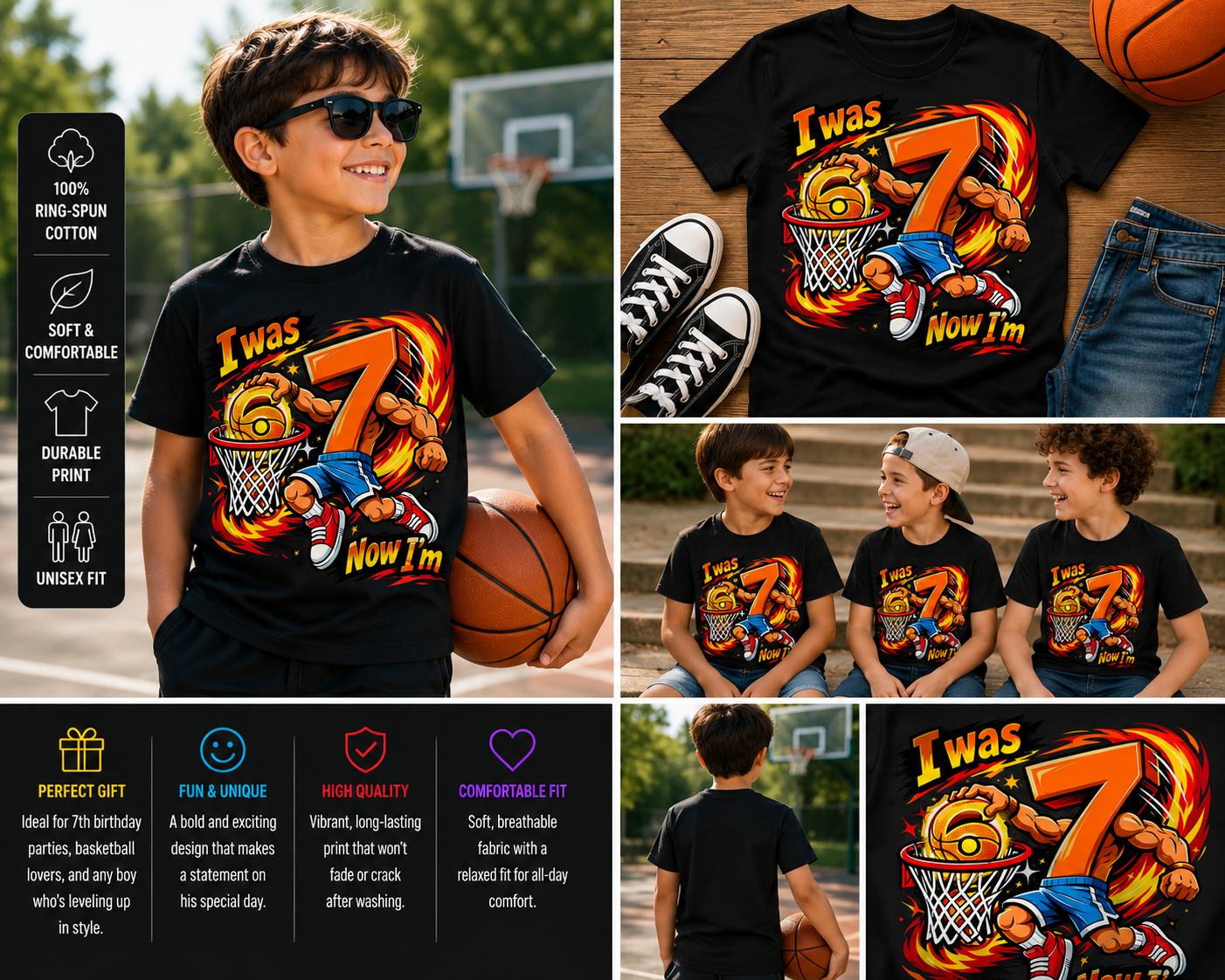 I Was 6 Now I’m 7 Basketball Birthday Shirt for Boys 7th Birthday Dunk Tee