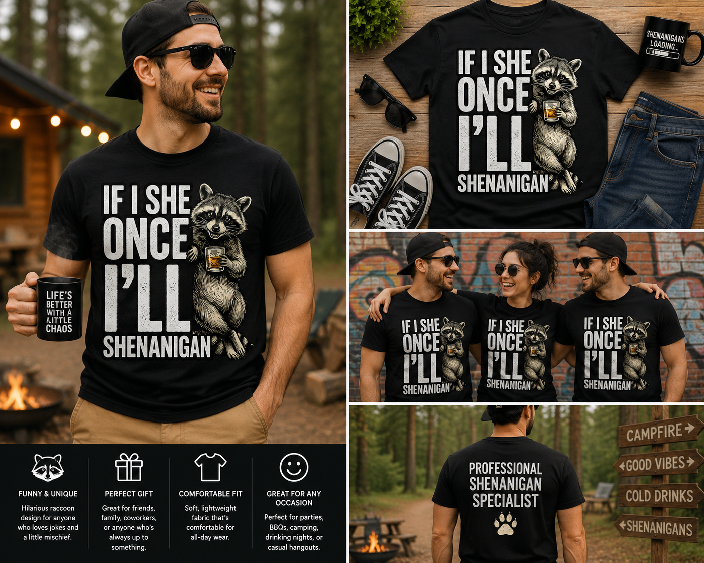Funny Raccoon Shenanigan Shirt, If I Shenan Once I’ll Shenanigan Tee, Sarcastic Trash Panda Graphic T-Shirt