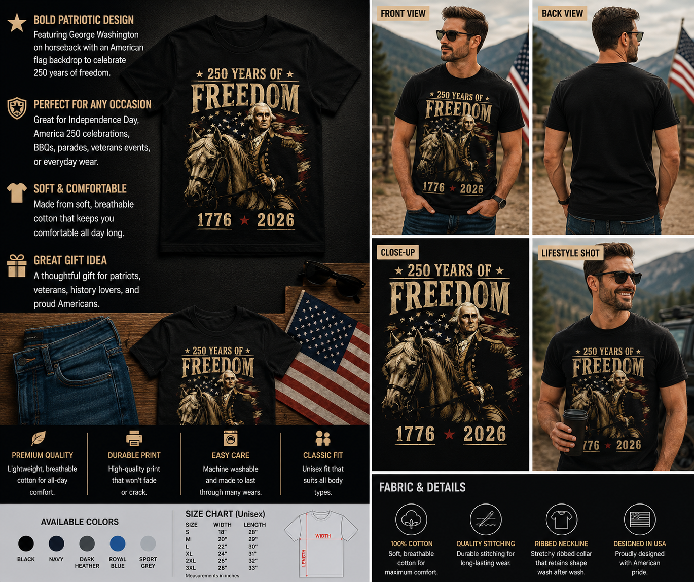 250 Years of Freedom George Washington Patriotic T-Shirt – 1776-2026 USA Anniversary Tee