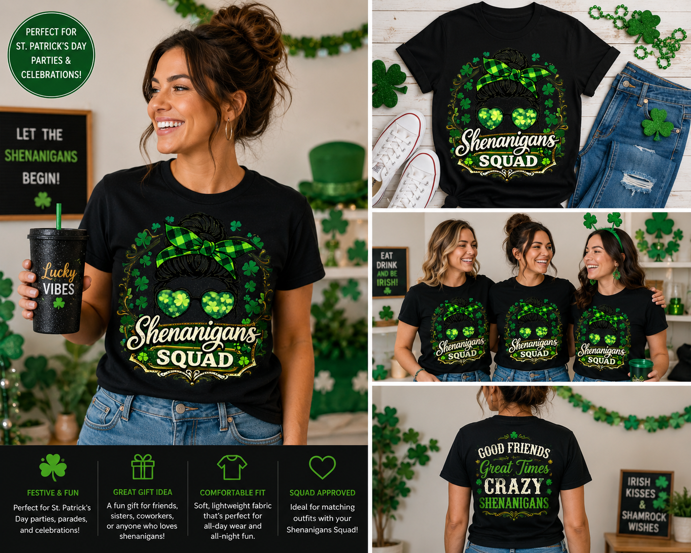 Shenanigans Squad St. Patrick’s Day Shirt, Funny Irish Girls Tee, Messy Bun Shamrock Squad T-Shirt for Women