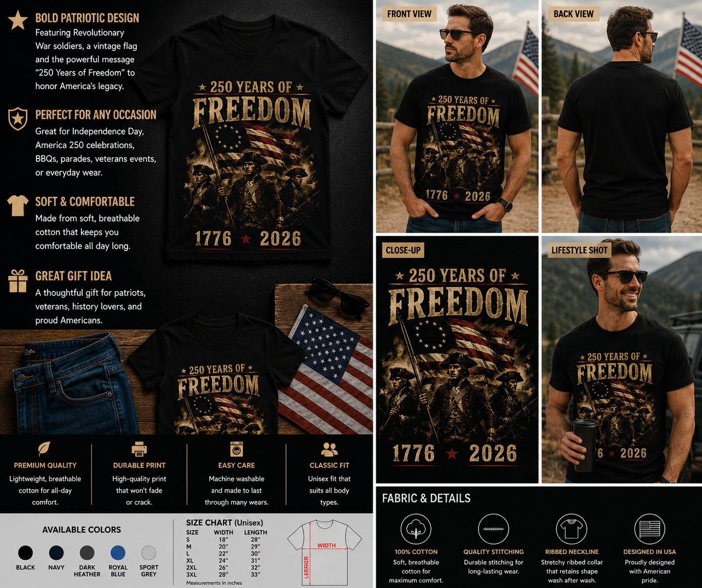 250 Years of Freedom Patriotic Revolutionary War T-Shirt – 1776-2026 American Anniversary Tee