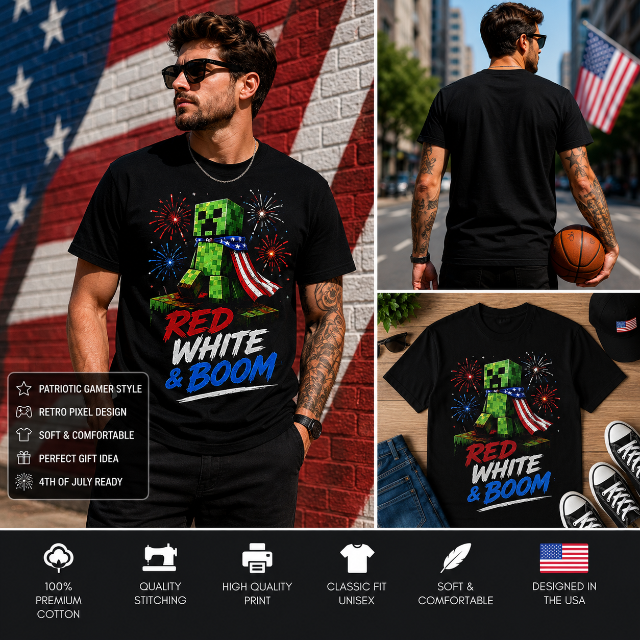 Red White & Boom Patriotic Pixel Gamer 4th of July Creeper T-Shirt