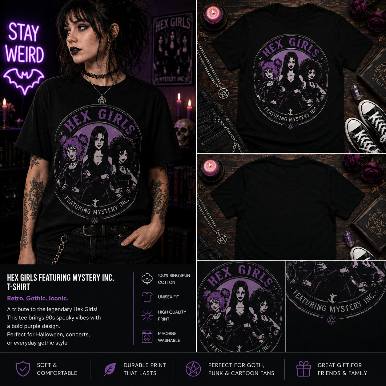 The Hex Girls Featuring Mystery Inc Shirt, Vintage Gothic Cartoon Tee, 90s Retro Halloween Graphic T-Shirt, Witchy Alternative Unisex Shirt