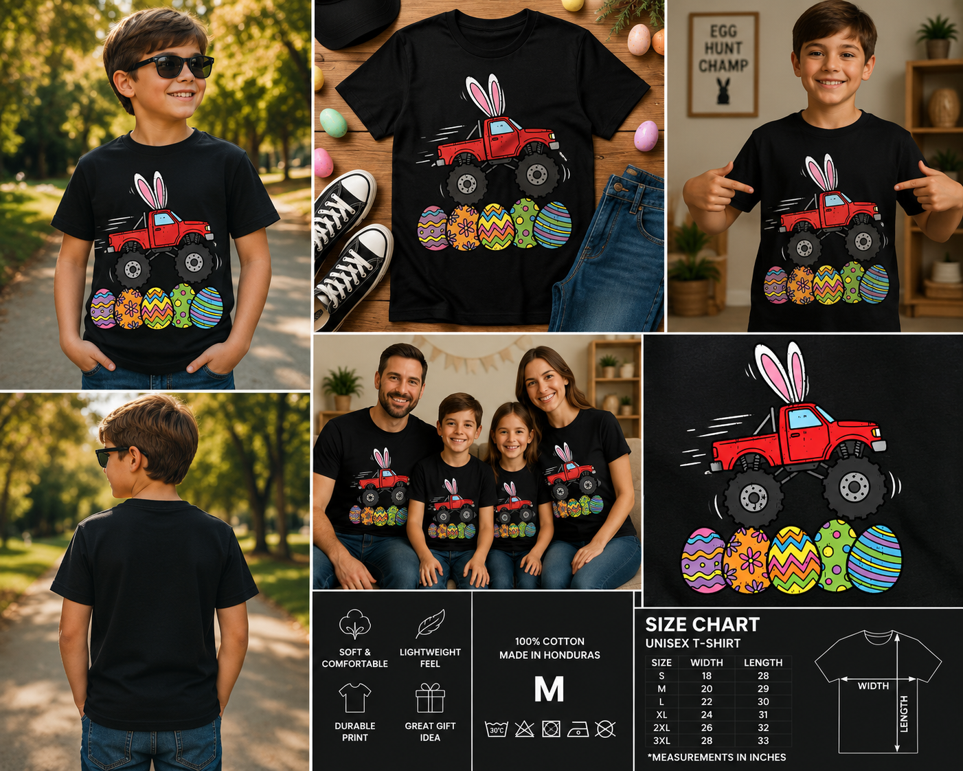 Boys Easter Monster Truck Bunny Ears T-Shirt – Funny Easter Eggs Truck Graphic Tee for Kids