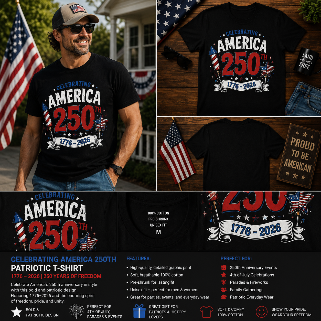 Celebrating America 250th Anniversary T-Shirt – Patriotic 1776–2026 USA Celebration Tee