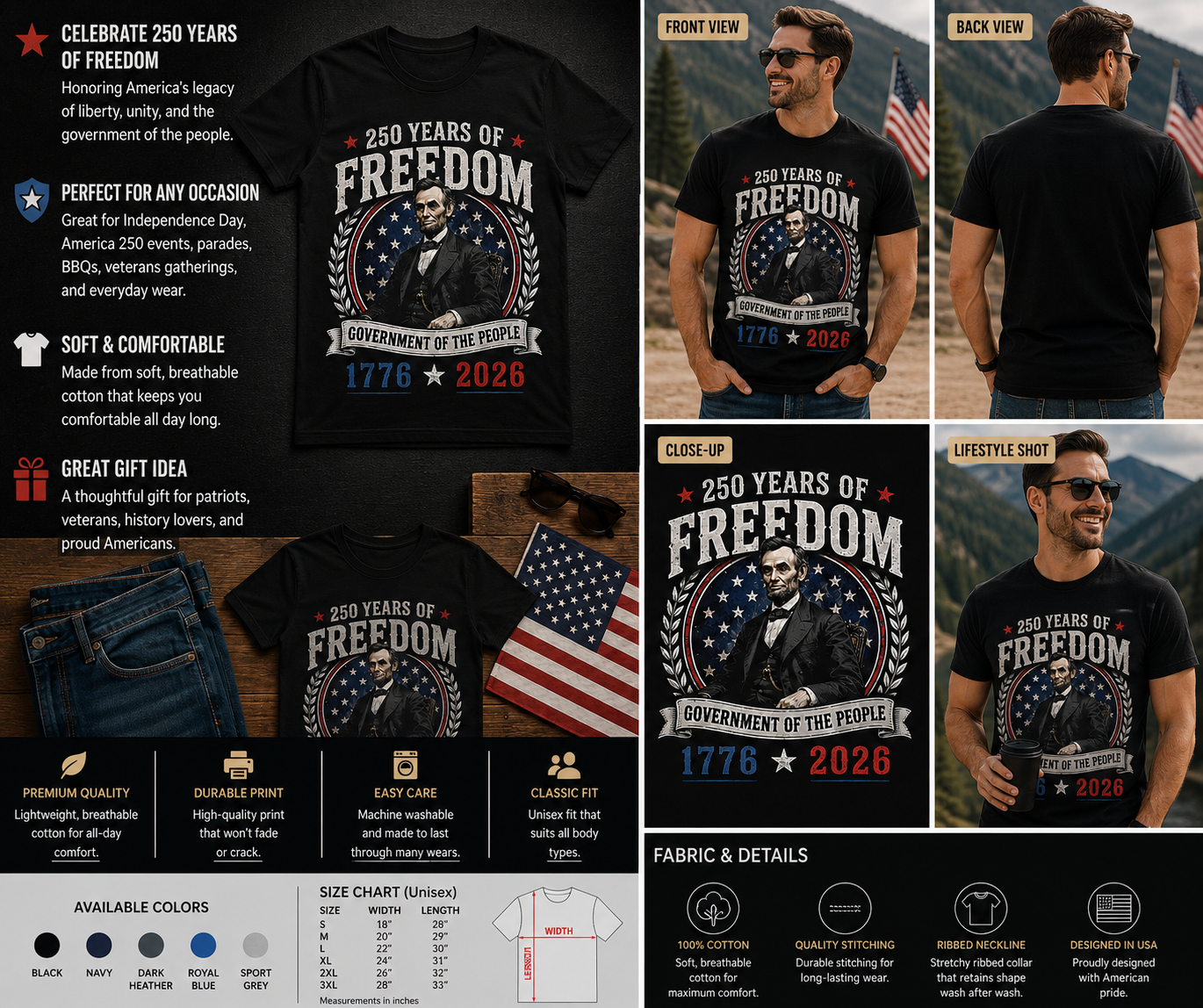 250 Years of Freedom Abraham Lincoln Patriotic 1776–2026 Independence Day T-Shirt