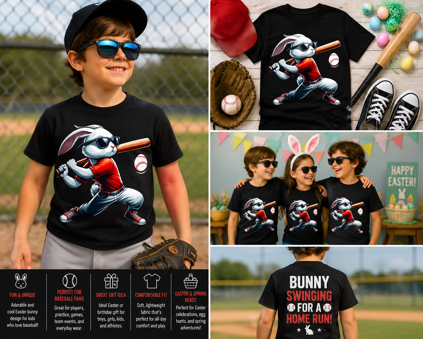 Funny Easter Bunny Baseball T-Shirt for Kids Boys Girls | Cool Rabbit Batter Sports Graphic Tee