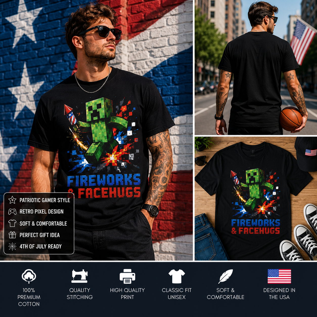 Fireworks & Facehugs Patriotic Pixel Gamer 4th of July Creeper T-Shirt