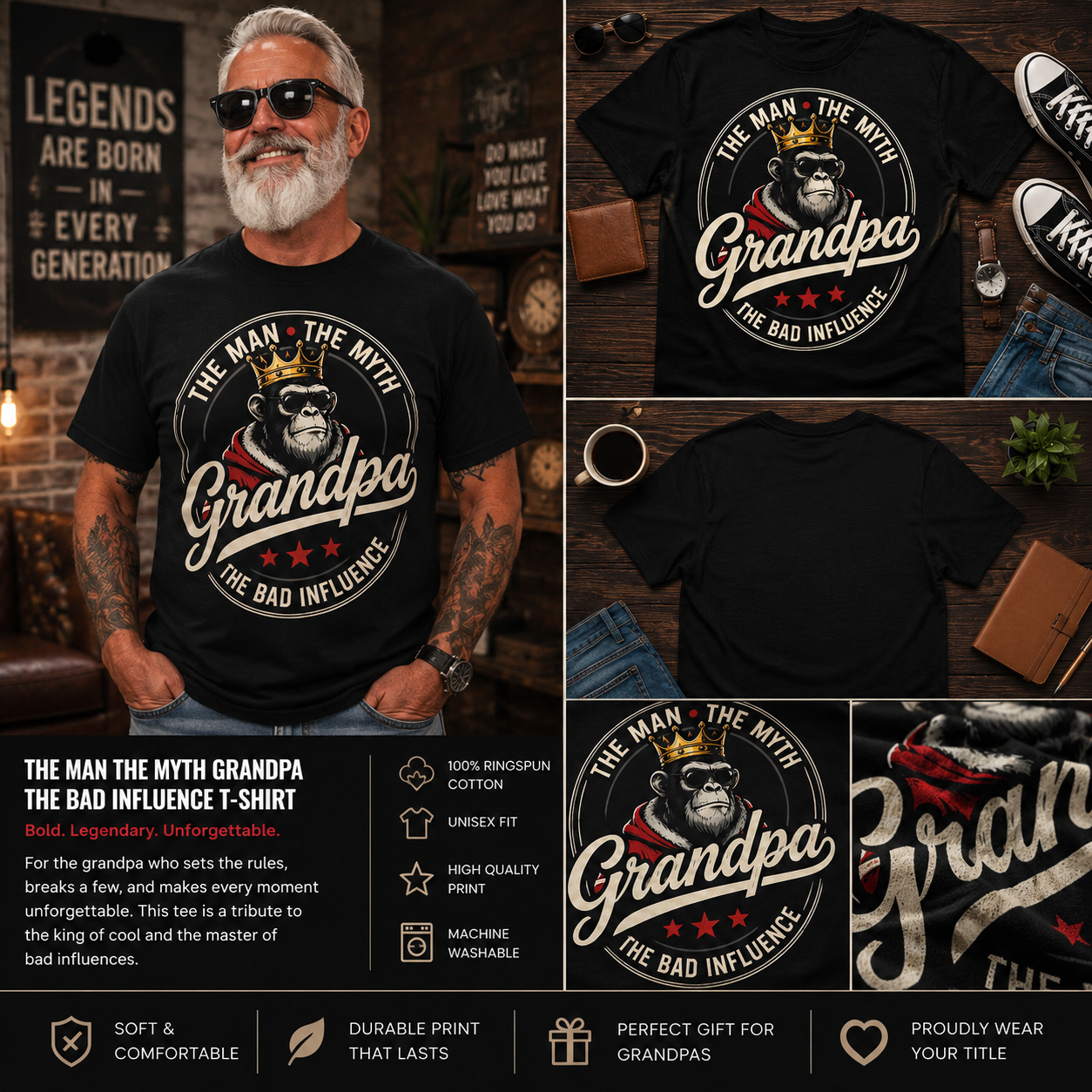 The Man The Myth Grandpa The Bad Influence Monkey T-Shirt, Funny Grandpa Graphic Tee, Cool Grandpa Gift Shirt, Vintage Monkey Unisex T-Shirt