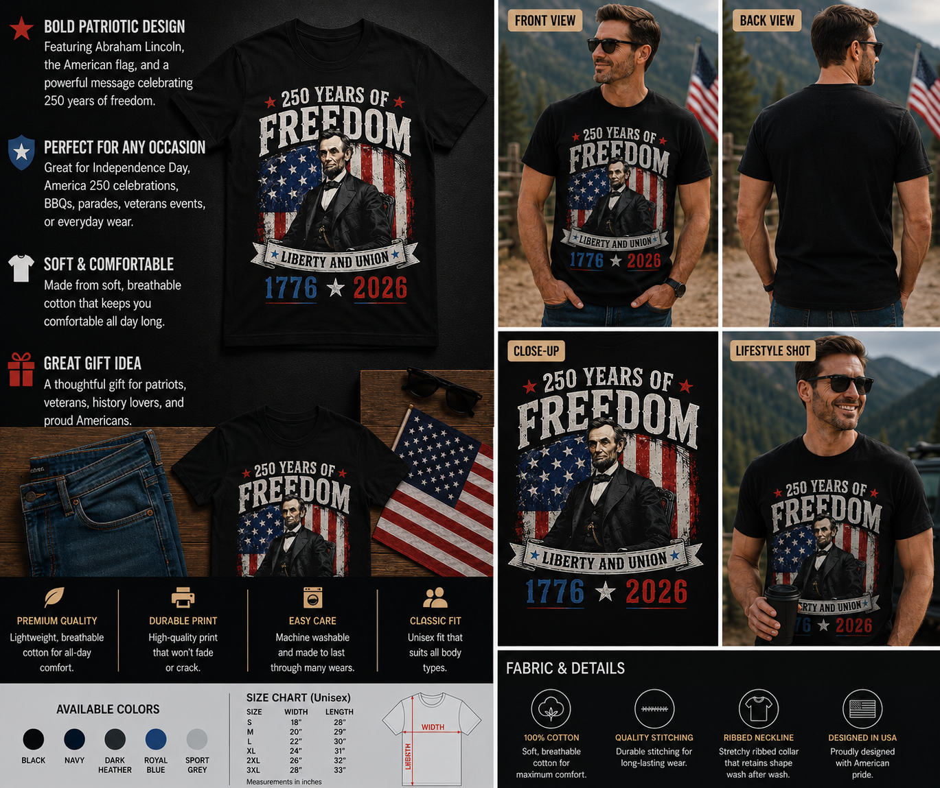 250 Years of Freedom Abraham Lincoln Liberty and Union Patriotic T-Shirt 1776–2026