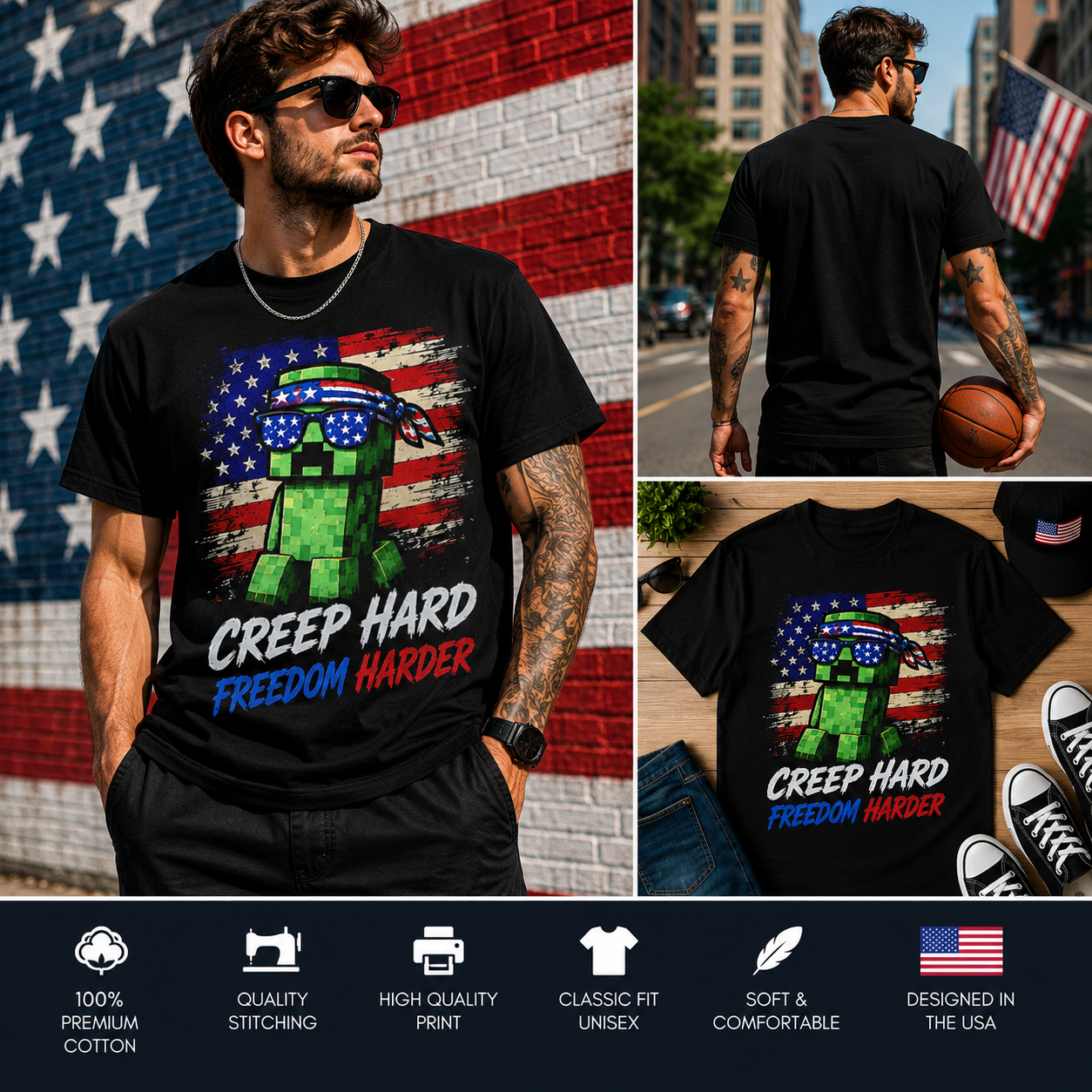 Creep Hard Freedom Harder Patriotic Pixel Gamer 4th of July T-Shirt