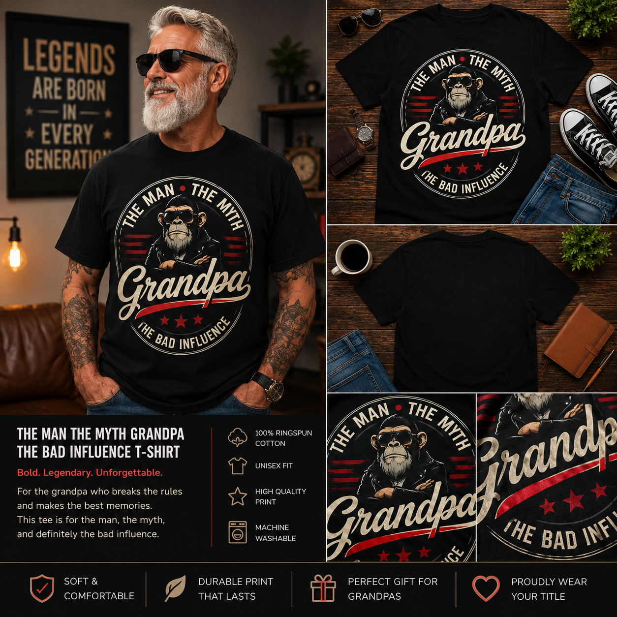 The Man The Myth Grandpa The Bad Influence Monkey Shirt, Funny Cool Grandpa Graphic Tee, Retro Grandpa Gift T-Shirt, Unisex Family Humor Shirt