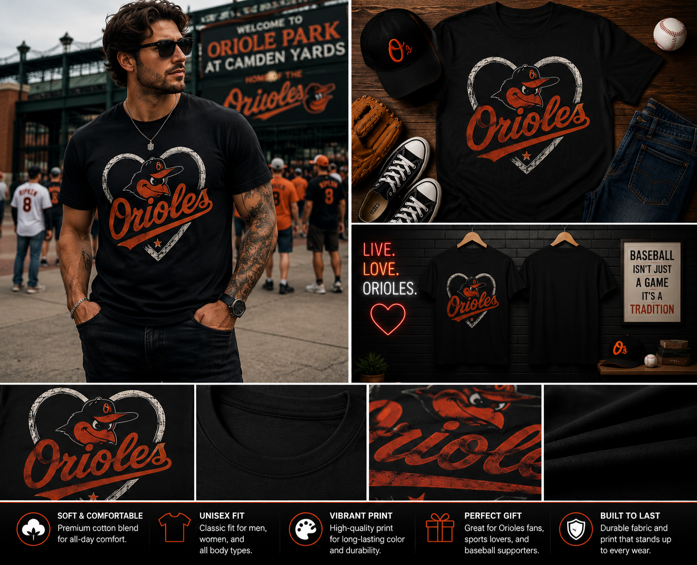 Vintage Orioles Heart Graphic T-Shirt – Retro Baseball Fan Classic Unisex Tee
